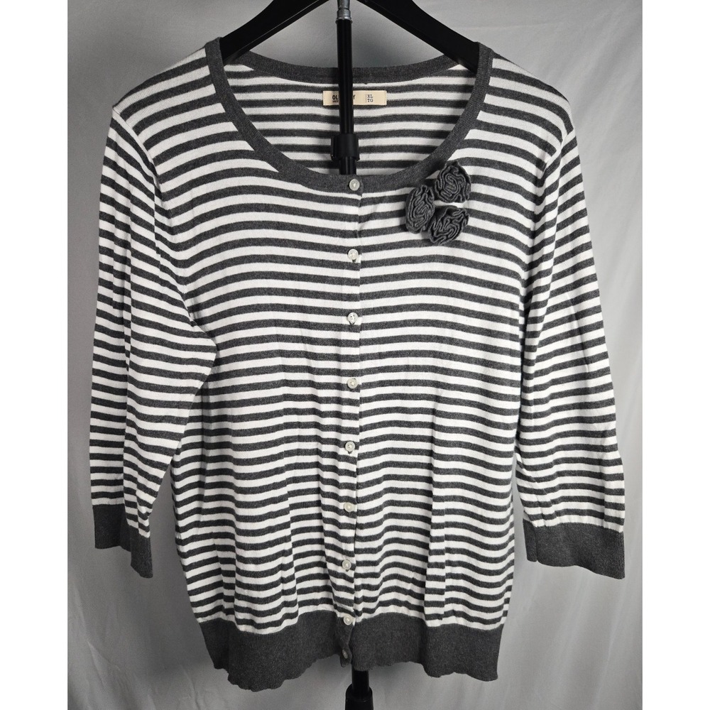Old Navy Sz XL Gray White Striped Cardigan‎ Sweater Floral Rosette 100% Cotton